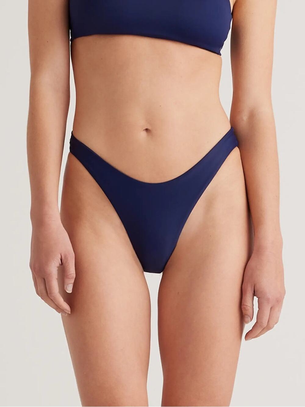New Quince Italian High Leg Bikini Bottom Deep Navy Blue Medium NWT Lined Swim